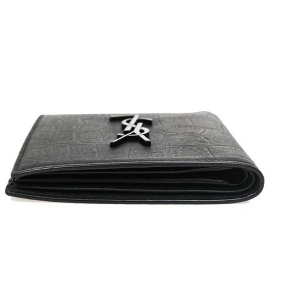 SAINT LAURENT YSL Logo Bifold Compact Wallet Embossing Leather BK Italy 84RL530 - Picture 6 of 13